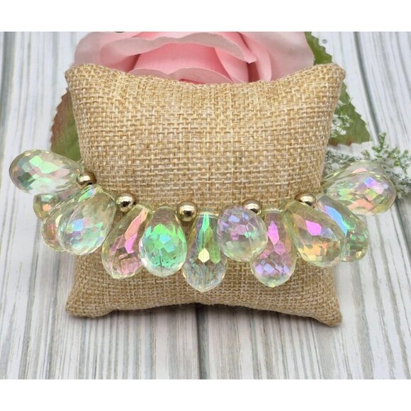 AB Aurora Borealis Crystal Dangle Teardrop Cha Cha Stretch Bracelet Statement - Picture 1 of 8